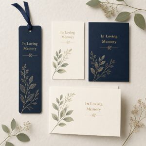 Memorial bookmarks, cards and thank-you stationery mock-up