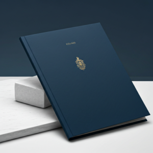 Premium presentation folder from the approved Stitch design